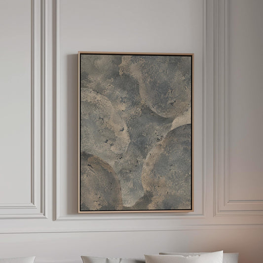 Layered misty gray cloud forms, canvas print in a bright room with natural daylight