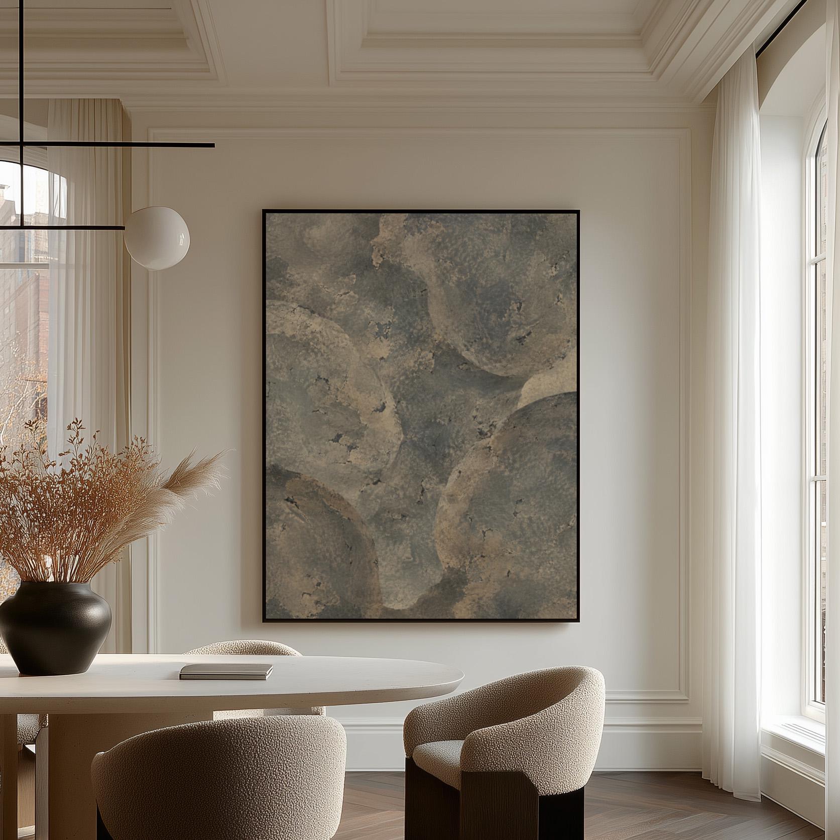 Layered misty gray cloud forms, canvas print displayed on a neutral wall in a styled interior