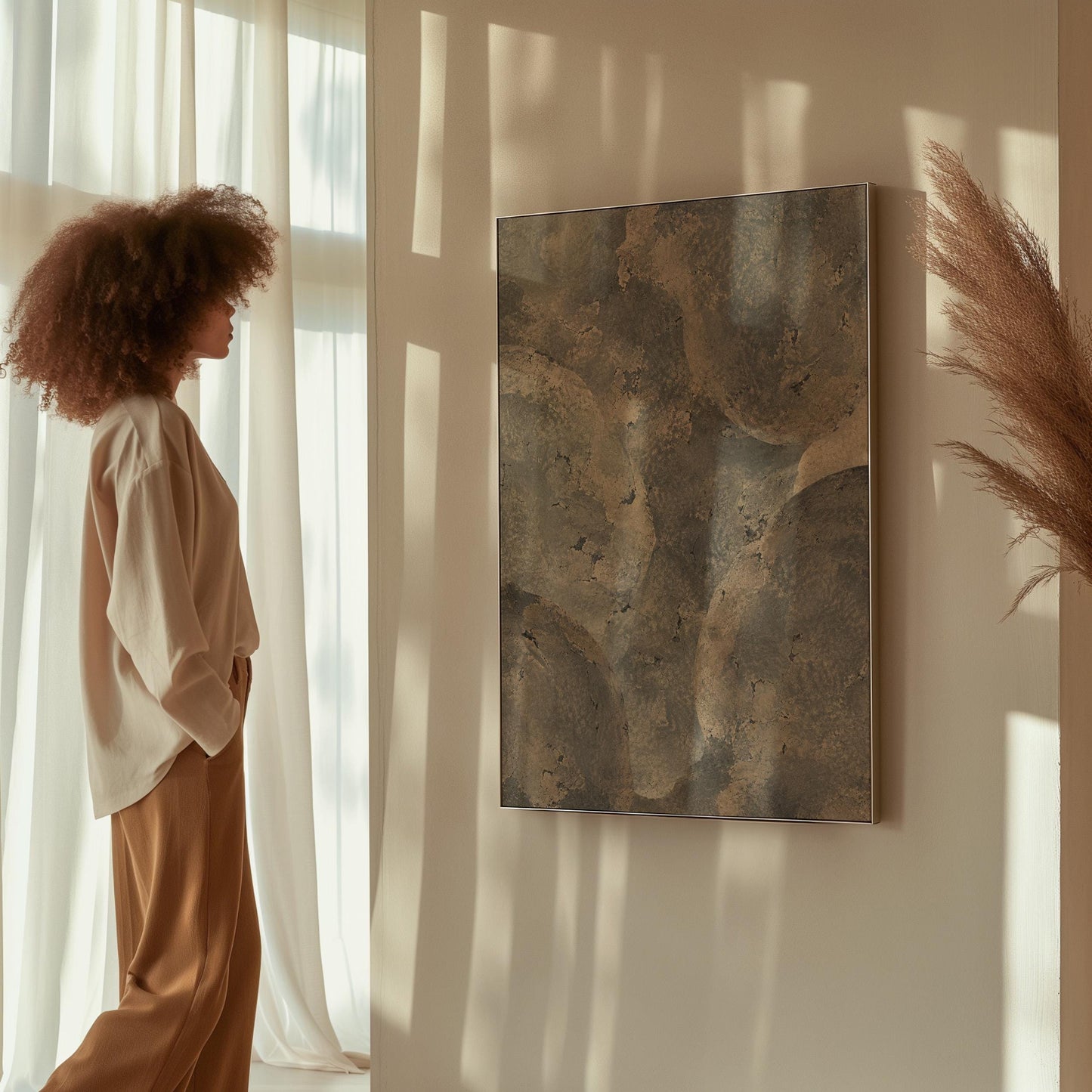 Layered misty gray cloud forms, canvas print shown in a sunlit, contemporary room