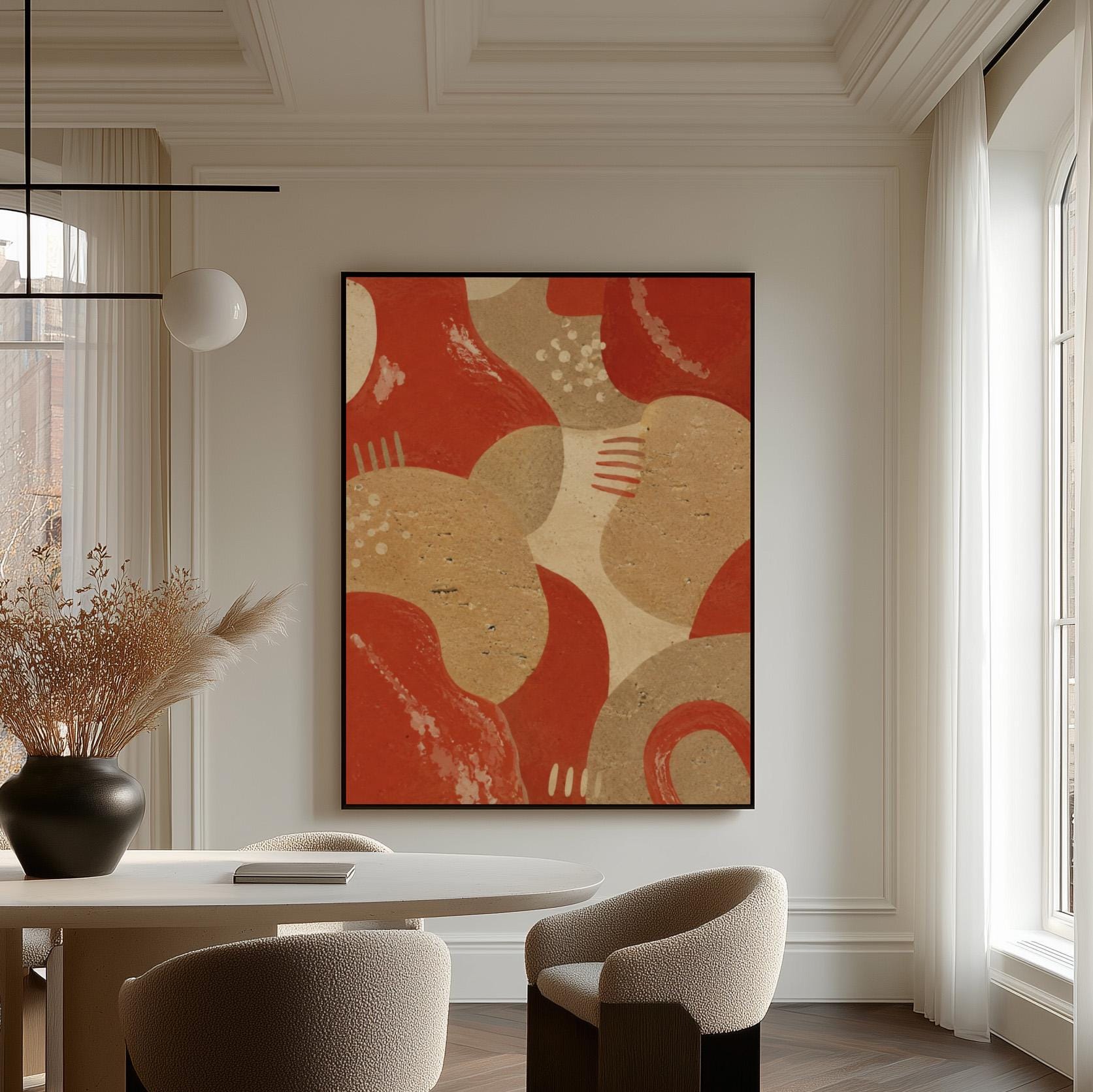Interlocking terracotta and beige organic shapes, canvas print seen in a warm interior with natural light