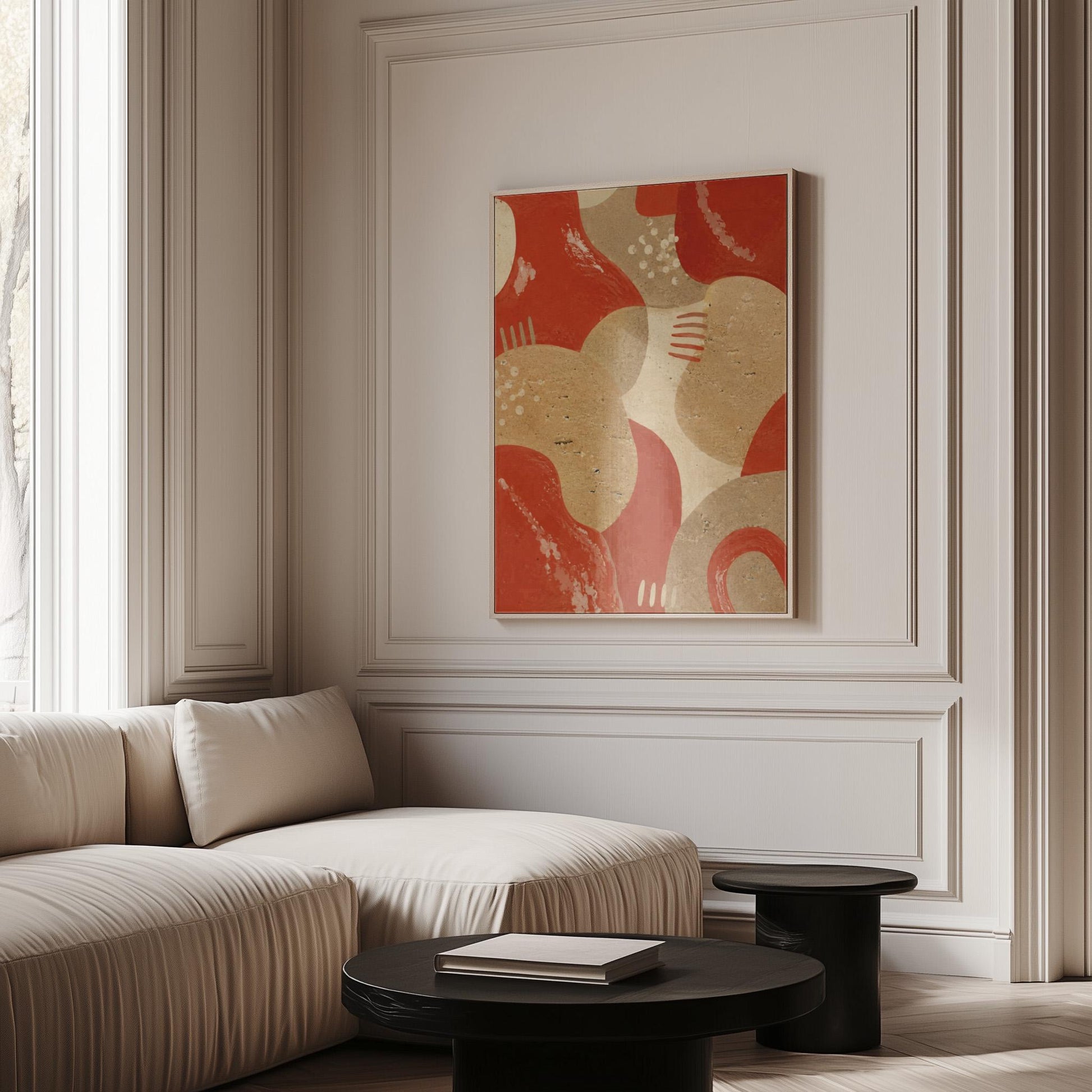 Interlocking terracotta and beige organic shapes, canvas print shown in a sunlit, contemporary room