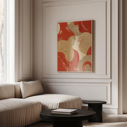 Interlocking terracotta and beige organic shapes, canvas print shown in a sunlit, contemporary room