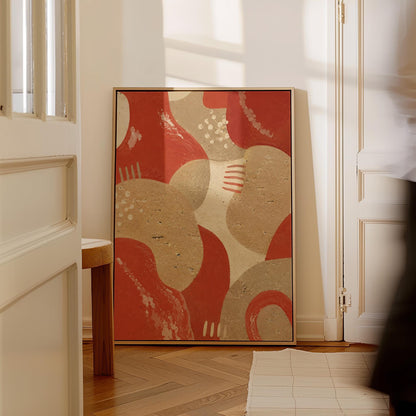 Interlocking terracotta and beige organic shapes, canvas wall art hanging in a calm, modern living space