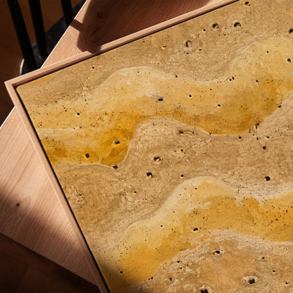 Flowing golden ochre wave layers, canvas print in a warm, minimally styled interior