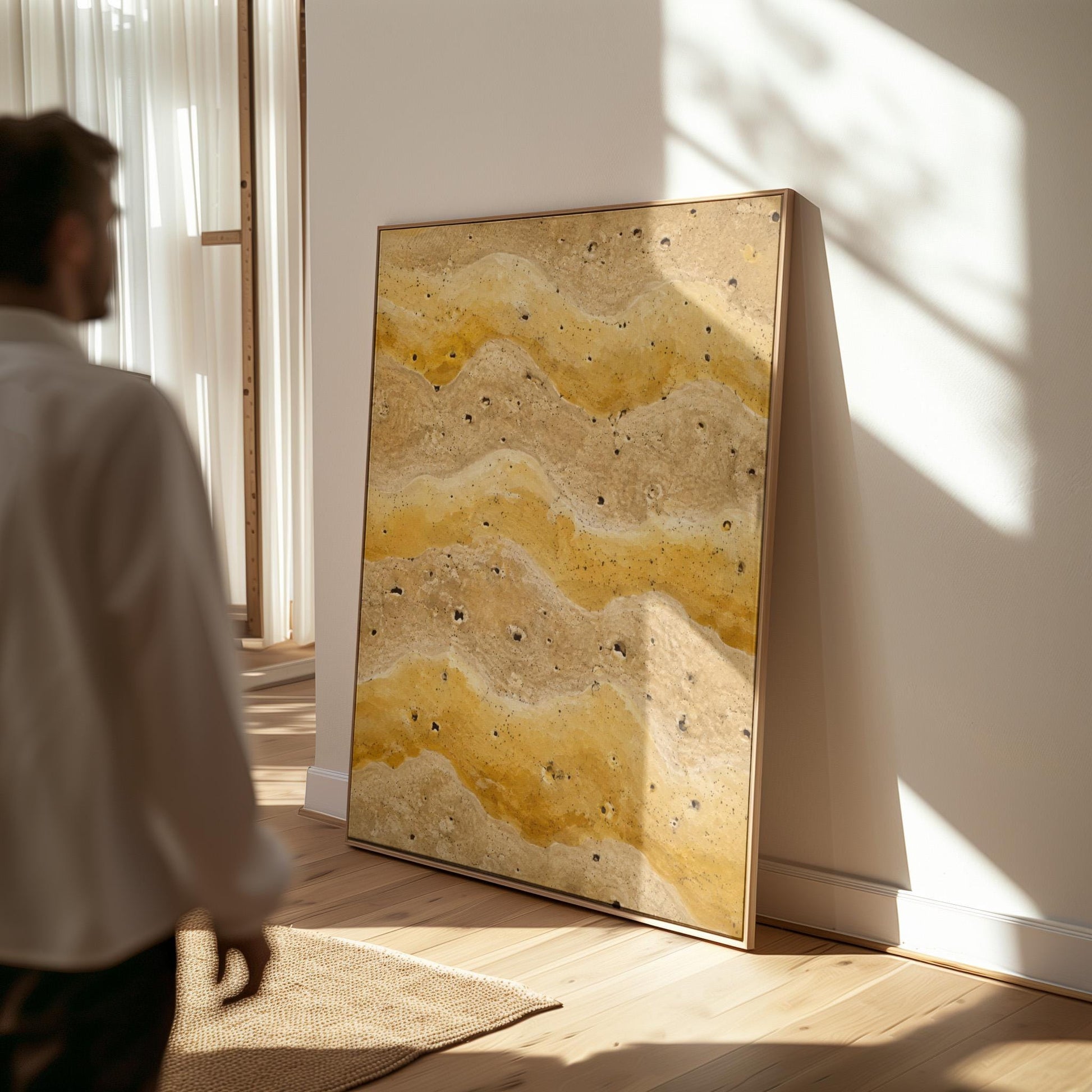 Flowing golden ochre wave layers, canvas print presented in a light, minimal room