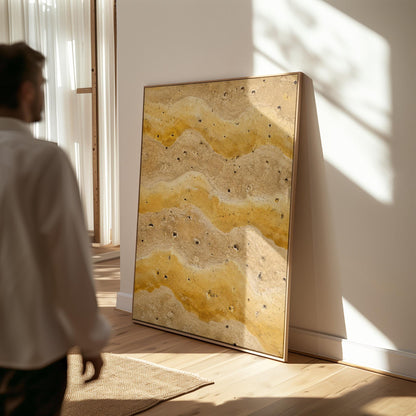 Flowing golden ochre wave layers, canvas print presented in a light, minimal room