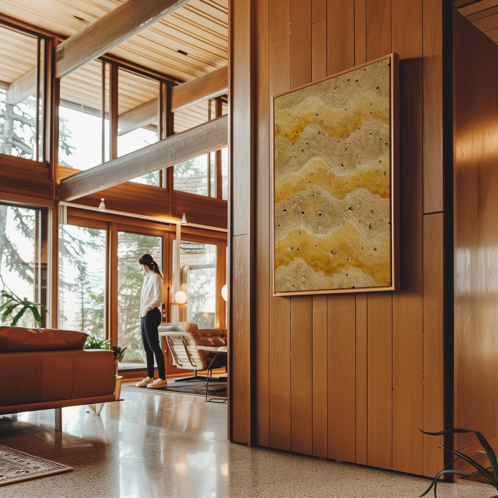 Flowing golden ochre wave layers, canvas print shown to scale in a furnished room