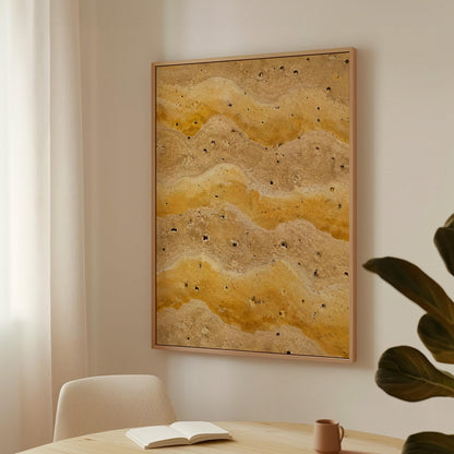 Flowing golden ochre wave layers, canvas print displayed on a neutral wall in a styled interior