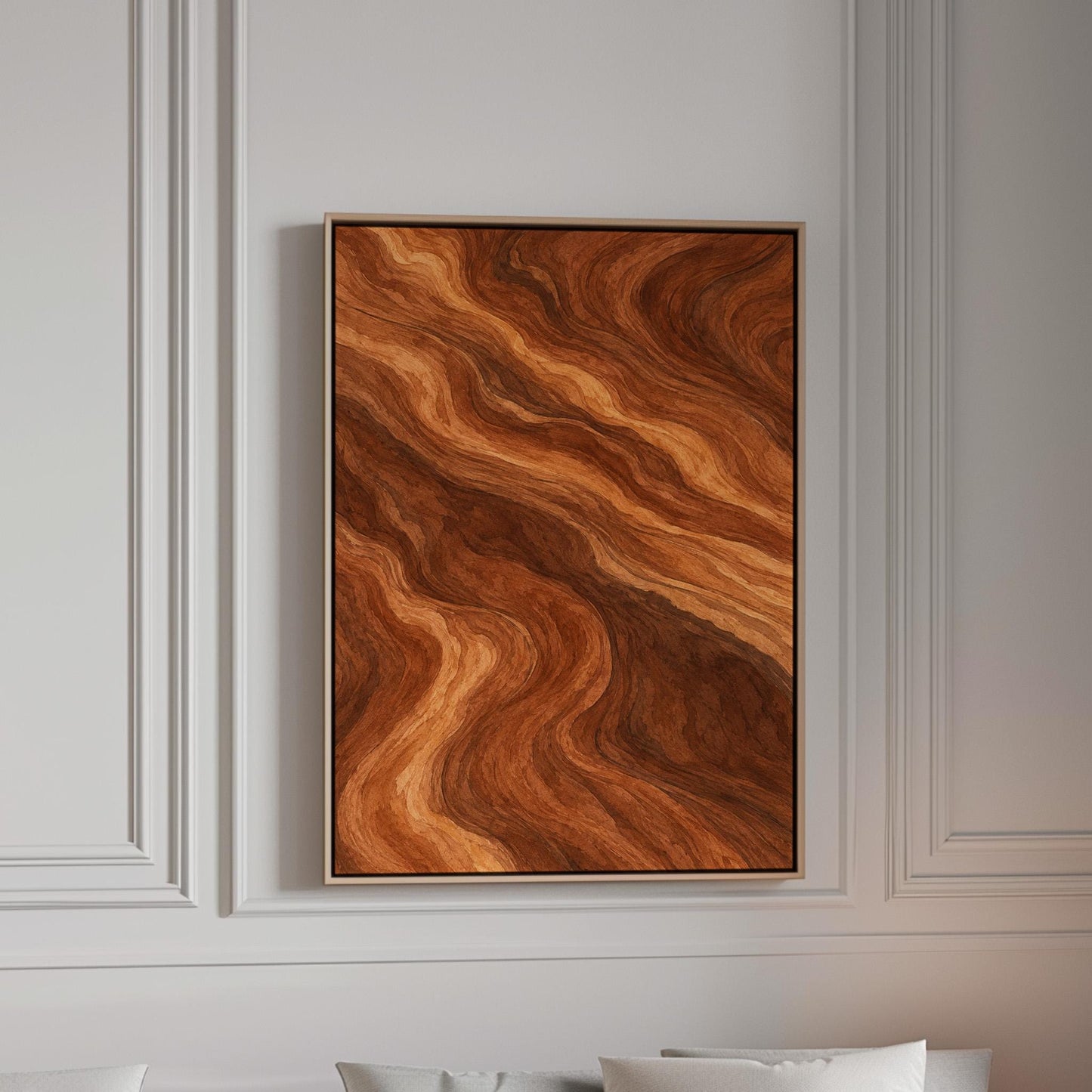 Flowing copper and auburn swirl currents, canvas print in a bright room with natural daylight