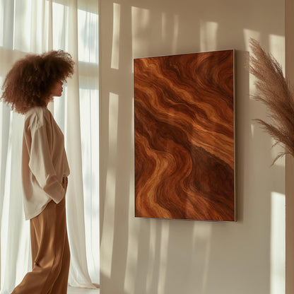 Flowing copper and auburn swirl currents, canvas print styled against a soft white wall