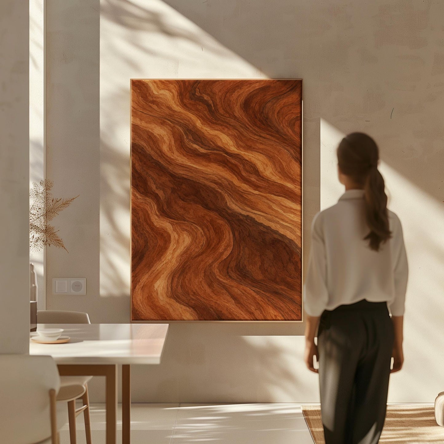 Flowing copper and auburn swirl currents, canvas print presented in a light, minimal room
