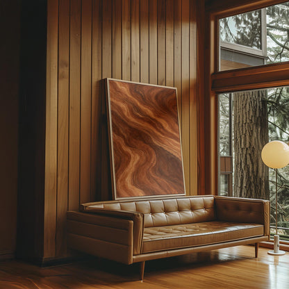 Flowing copper and auburn swirl currents, canvas print on a quiet wall in a considered interior
