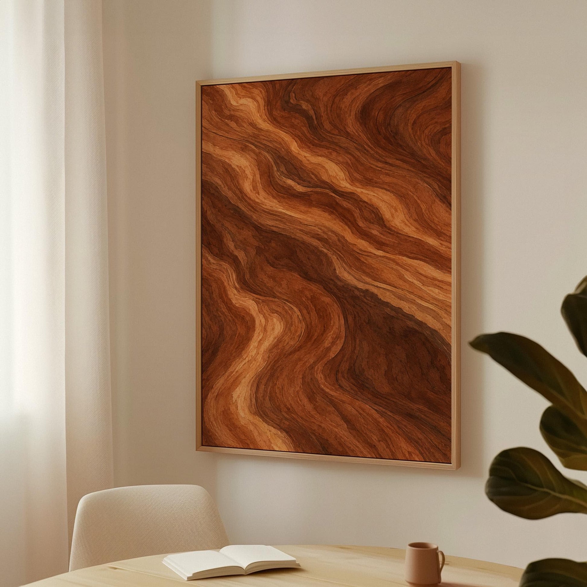 Flowing copper and auburn swirl currents, canvas print shown to scale in a furnished room