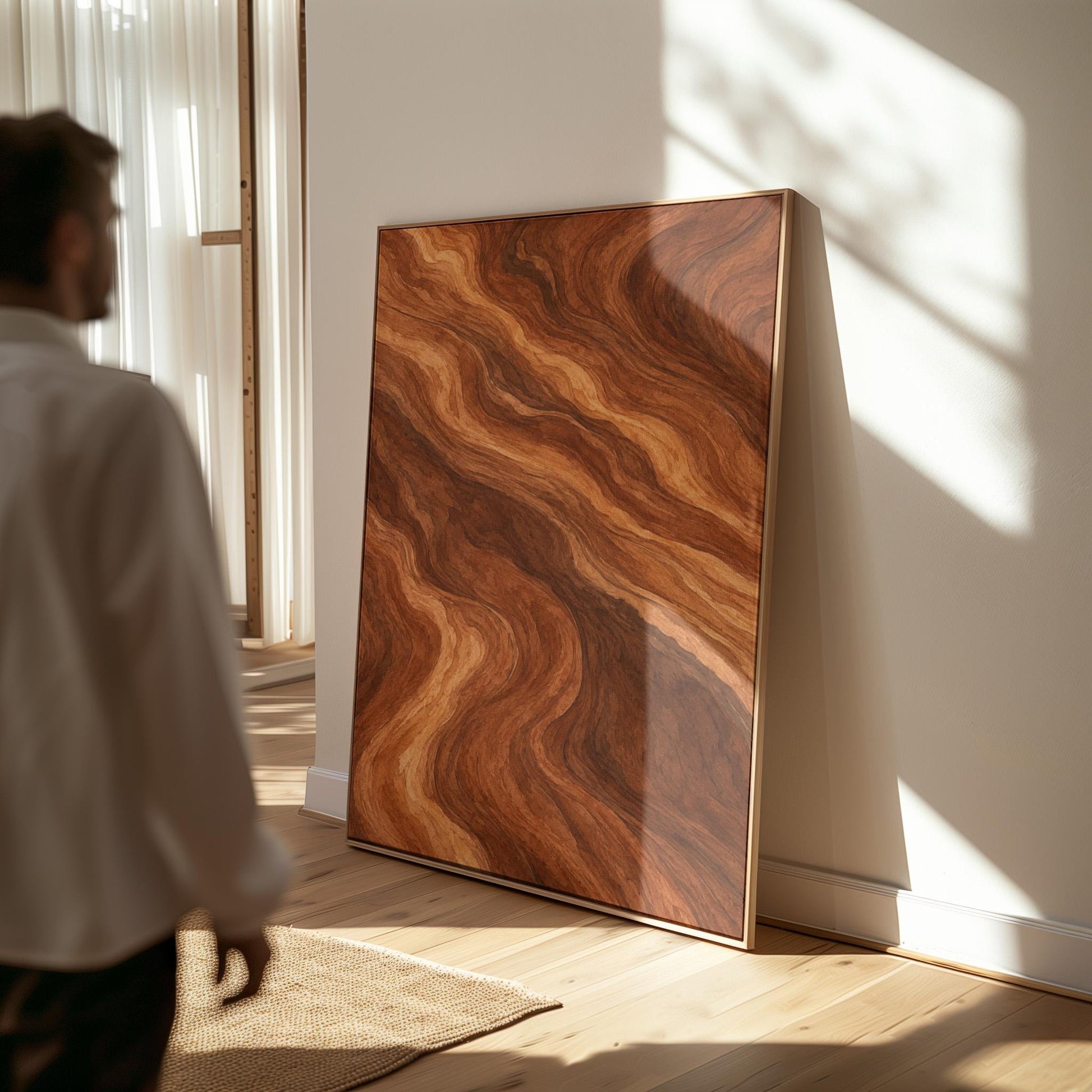 Flowing copper and auburn swirl currents, canvas print displayed on a neutral wall in a styled interior