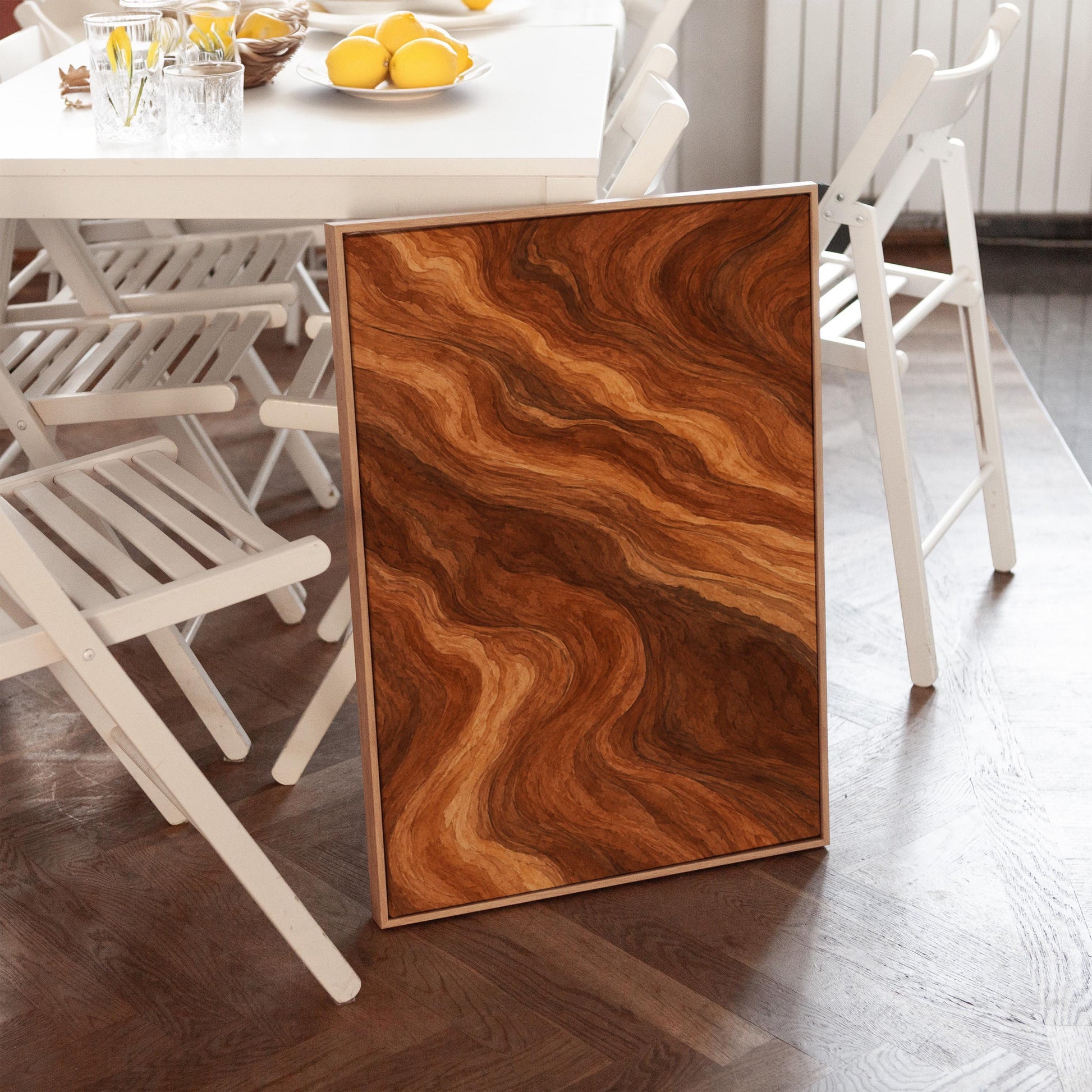 Flowing copper and auburn swirl currents, canvas print shown in a sunlit, contemporary room