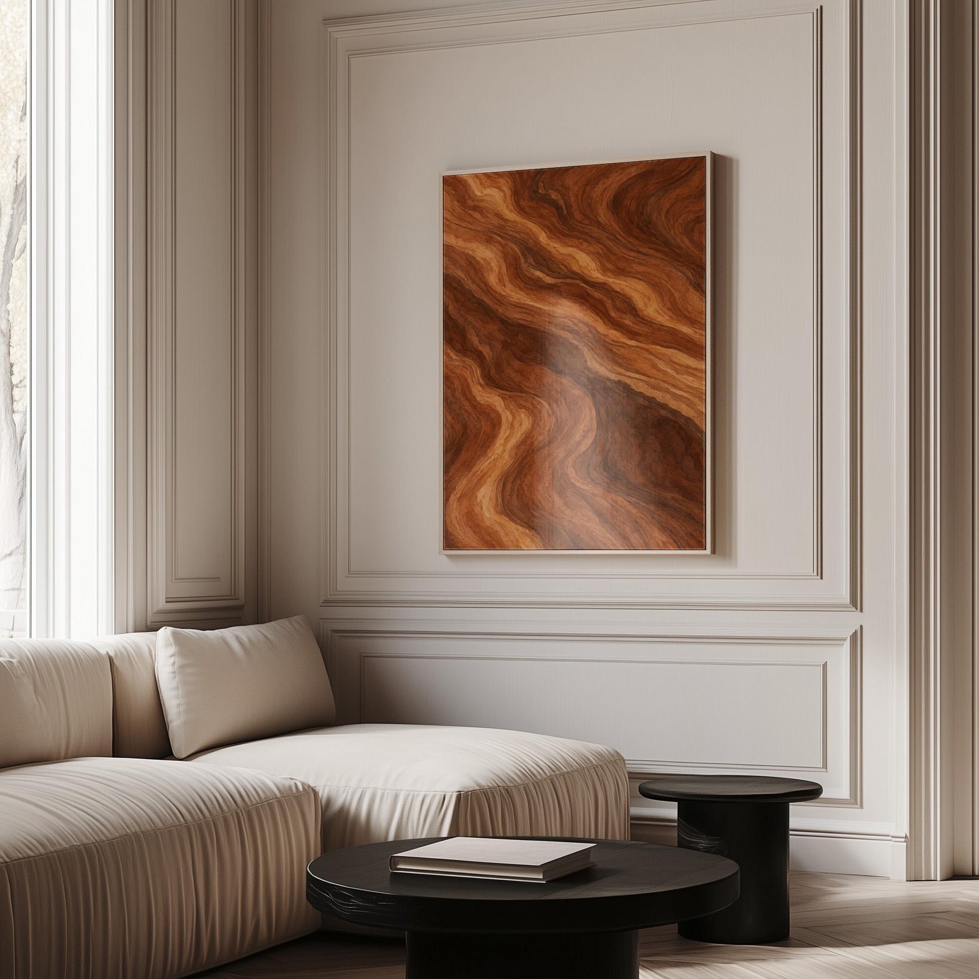Flowing copper and auburn swirl currents, canvas wall art hanging in a calm, modern living space