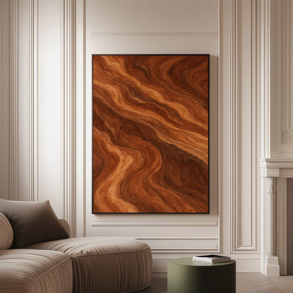 Flowing copper and auburn swirl currents, canvas print on a softly lit wall in a calm interior