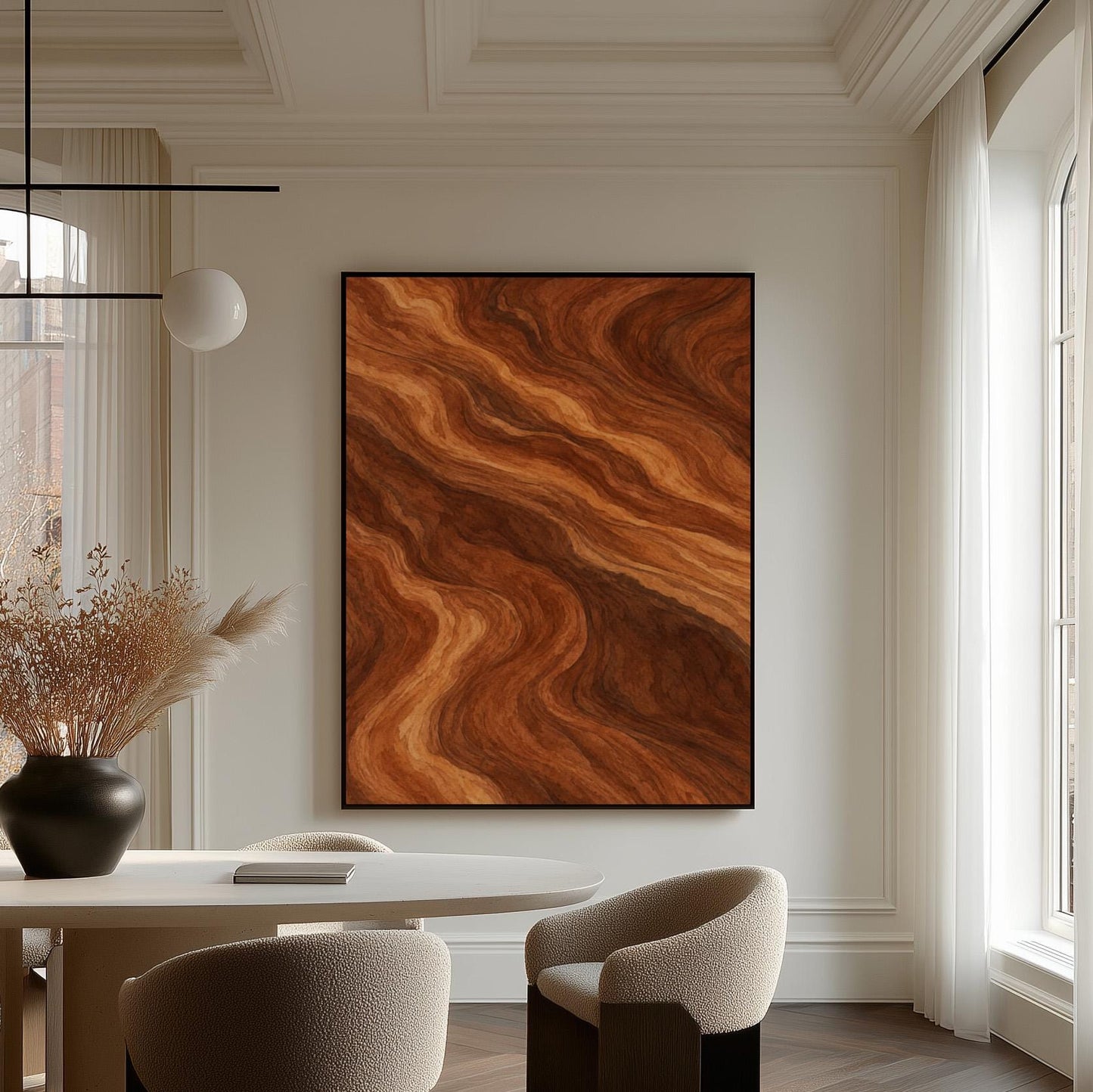 Flowing copper and auburn swirl currents, canvas wall art seen in a warm interior with natural light