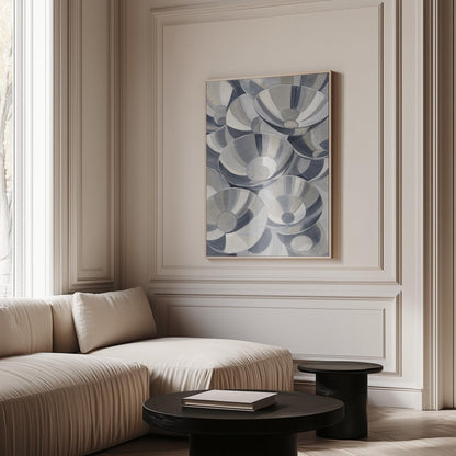 Nested silver bowl curves overlapping rhythmically, canvas print presented in a light, minimal room