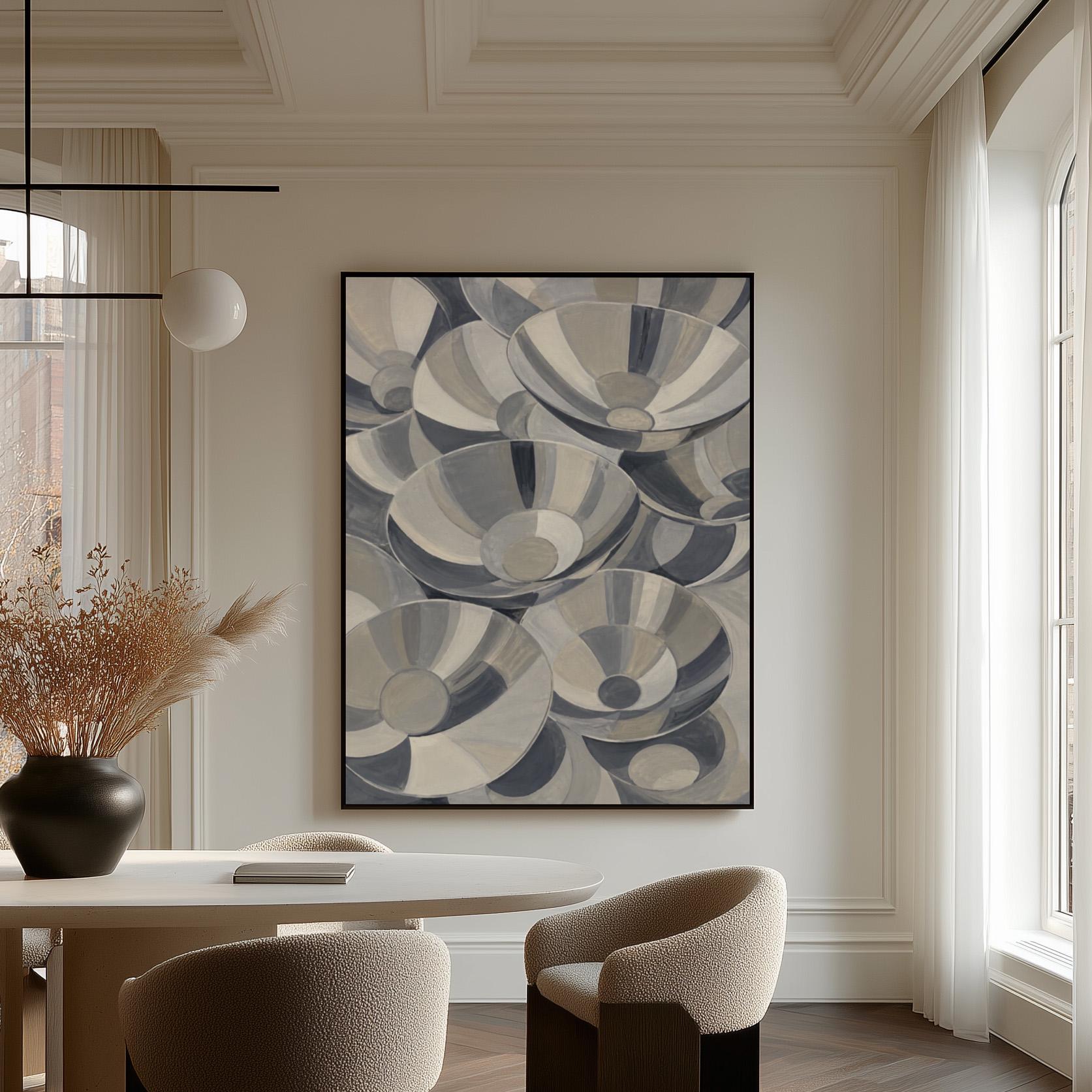 Nested silver bowl curves overlapping rhythmically, canvas wall art presented in a light, minimal room