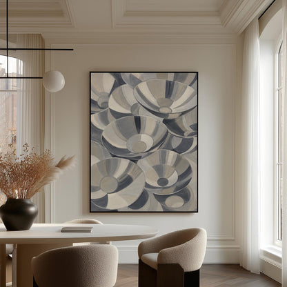 Nested silver bowl curves overlapping rhythmically, canvas wall art presented in a light, minimal room