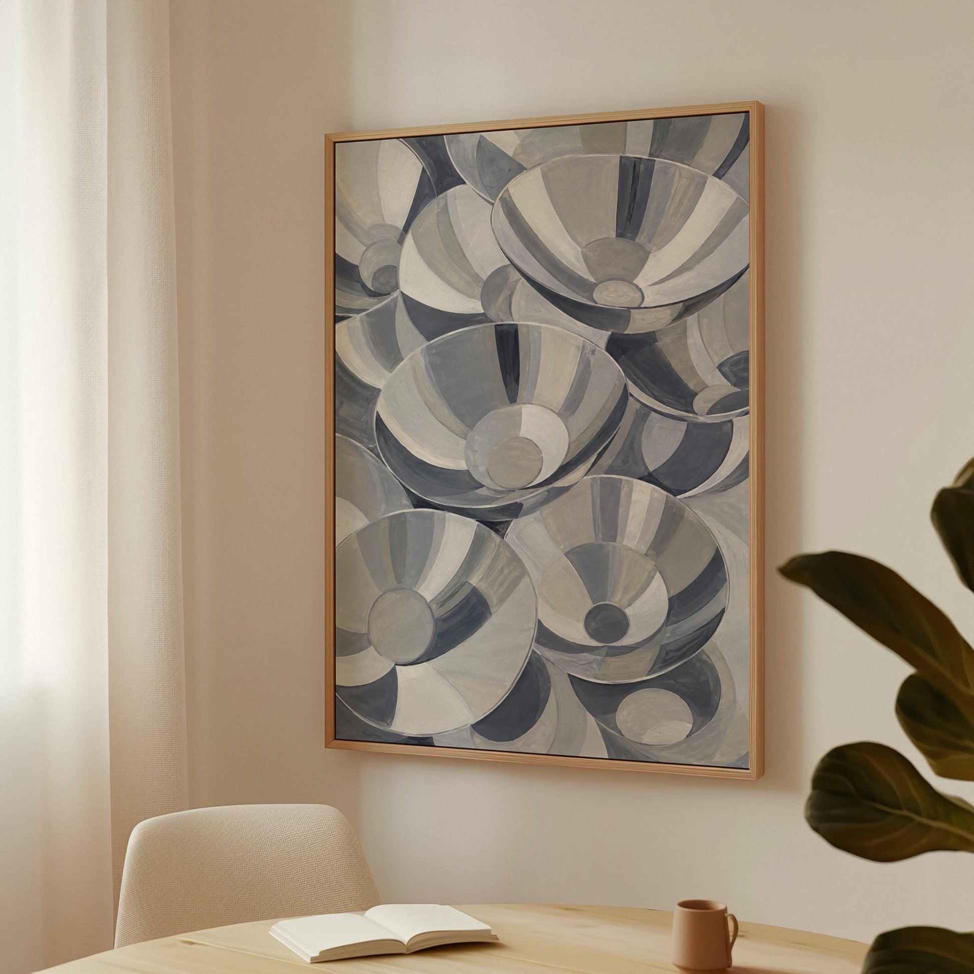 Nested silver bowl curves overlapping rhythmically, canvas wall art on a quiet wall in a considered interior