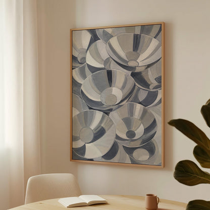 Nested silver bowl curves overlapping rhythmically, canvas wall art on a quiet wall in a considered interior