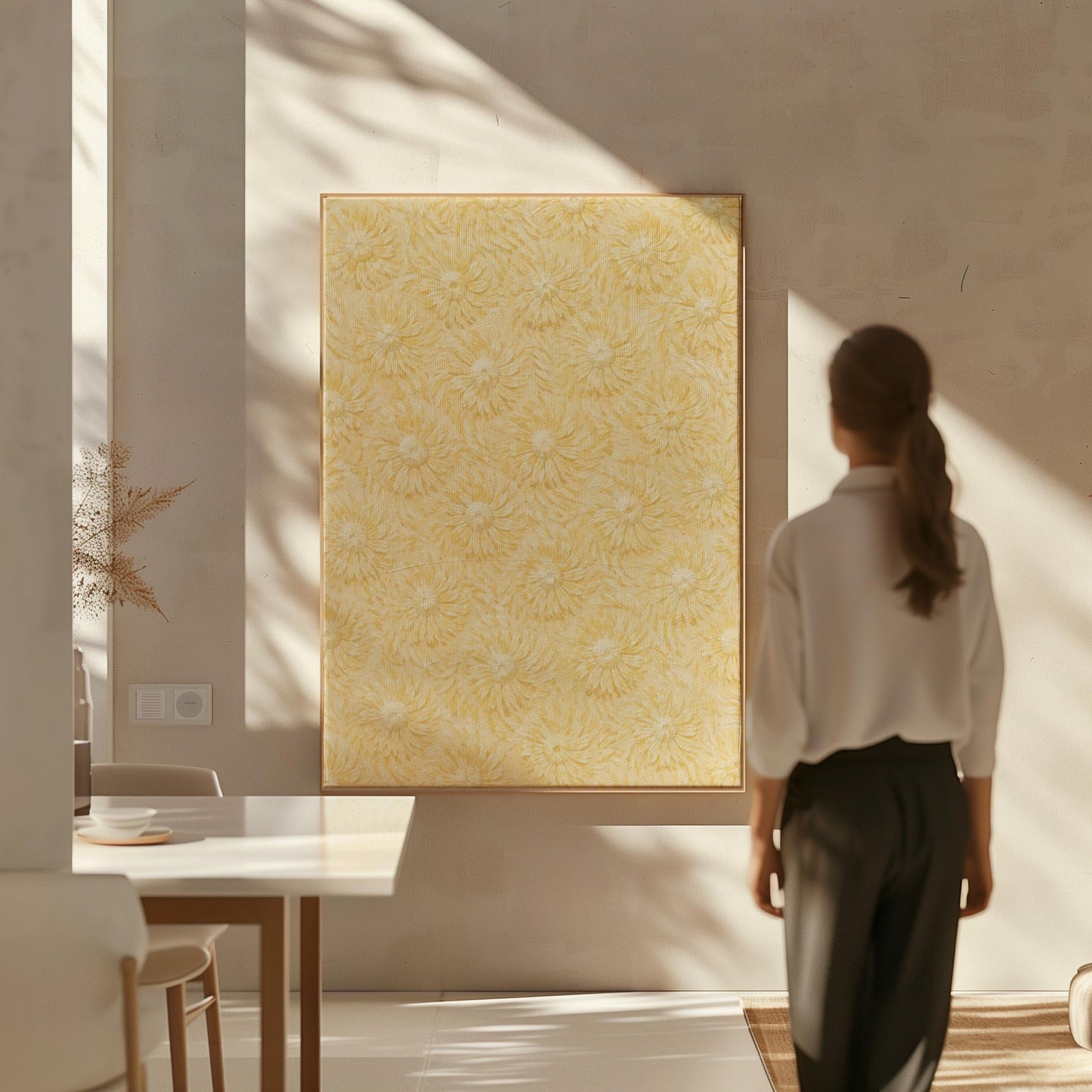 Field of soft butter yellow daisies pattern, canvas print hanging in a calm, modern living space