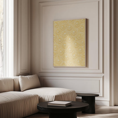 Field of soft butter yellow daisies pattern, canvas print presented in a light, minimal room