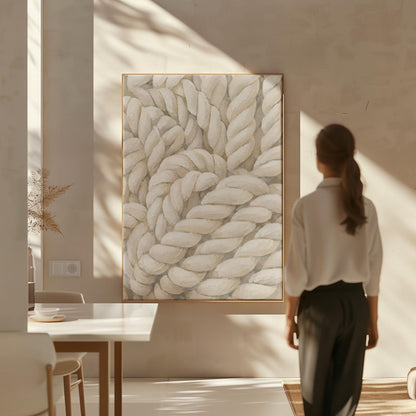 Thick cream ropes twisted into a knot, canvas print seen in a warm interior with natural light