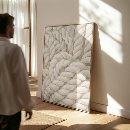 Thick cream ropes twisted into a knot, canvas print presented in a light, minimal room