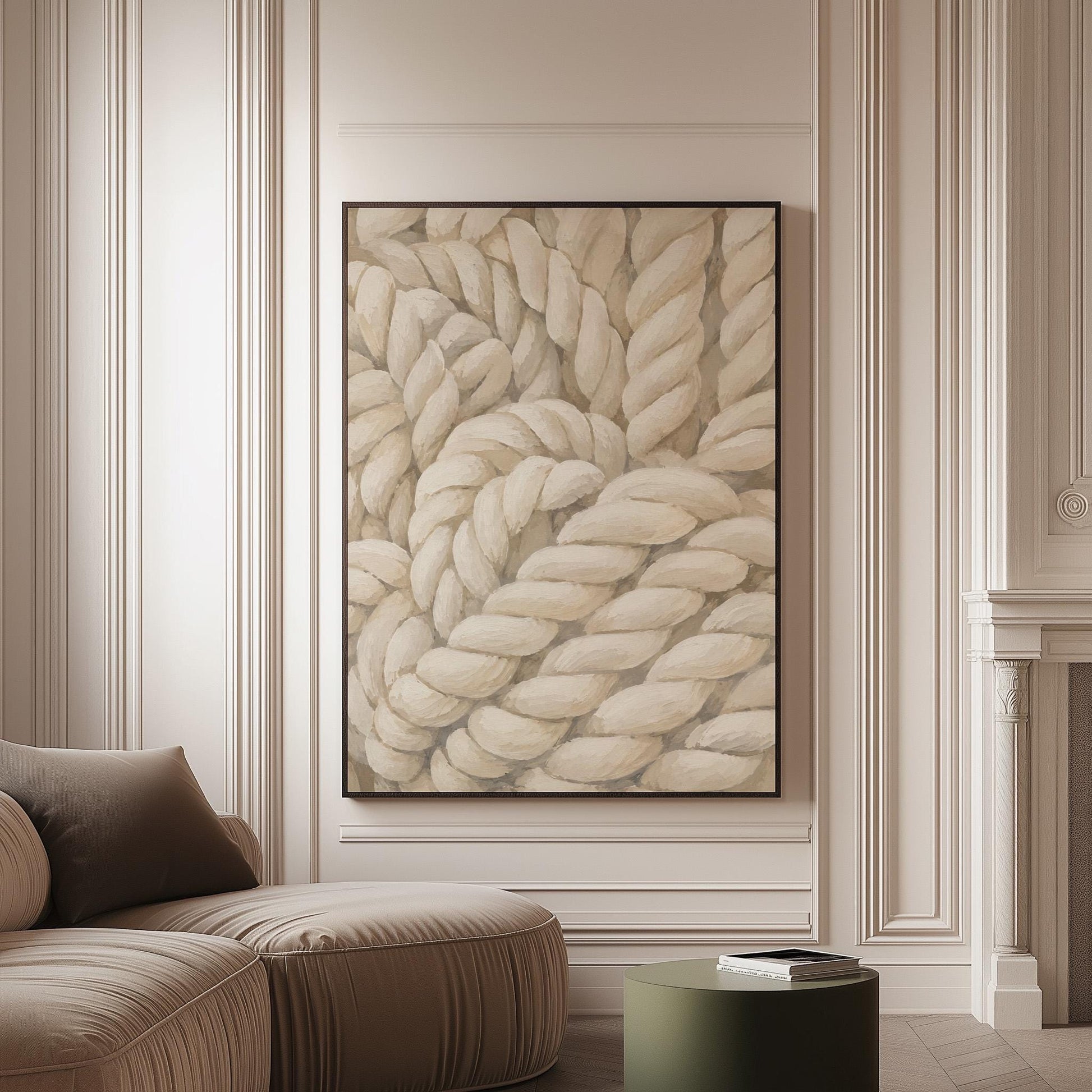 Thick cream ropes twisted into a knot, canvas print on a softly lit wall in a calm interior