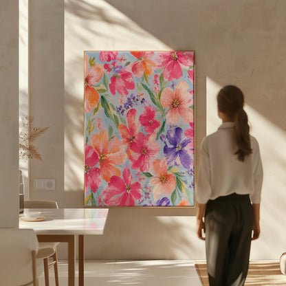 Vivid pink and purple watercolor blooms on light blue, canvas print hanging in a calm, modern living space