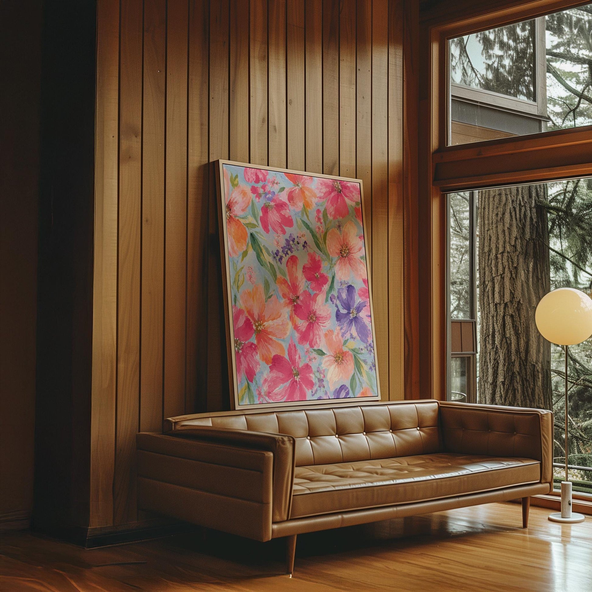 Vivid pink and purple watercolor blooms on light blue, canvas print shown to scale in a furnished room