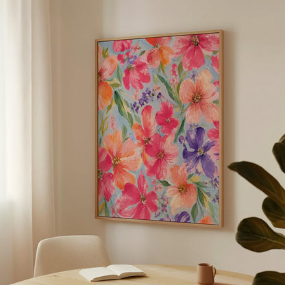 Vivid pink and purple watercolor blooms on light blue, canvas print shown in a sunlit, contemporary room
