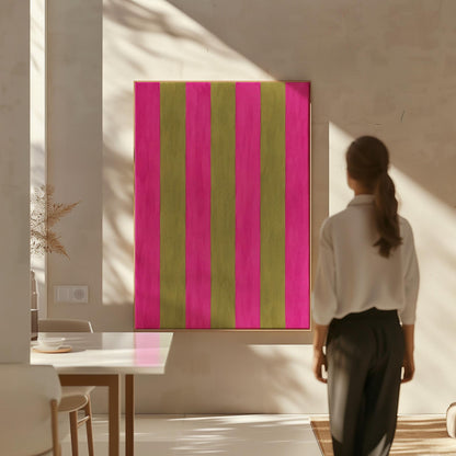 Bold vertical stripes in hot pink and olive green, canvas print hanging in a calm, modern living space