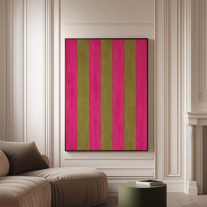 Bold vertical stripes in hot pink and olive green, canvas print on a softly lit wall in a calm interior