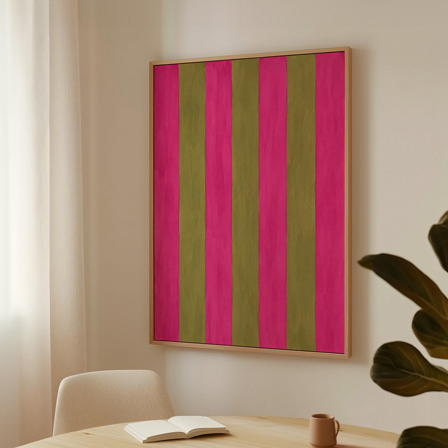 Bold vertical stripes in hot pink and olive green, canvas wall art presented in a light, minimal room
