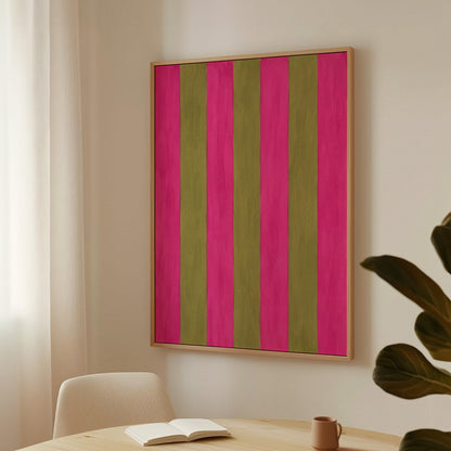 Bold vertical stripes in hot pink and olive green, canvas wall art presented in a light, minimal room