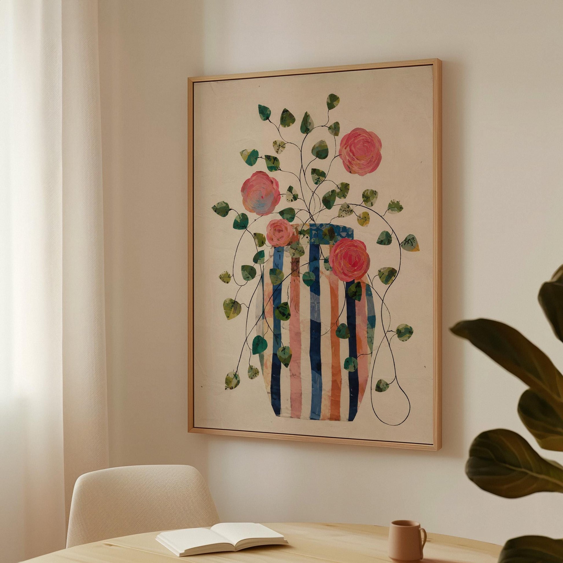 Climbing roses around a striped collage vase, canvas print shown to scale in a furnished room