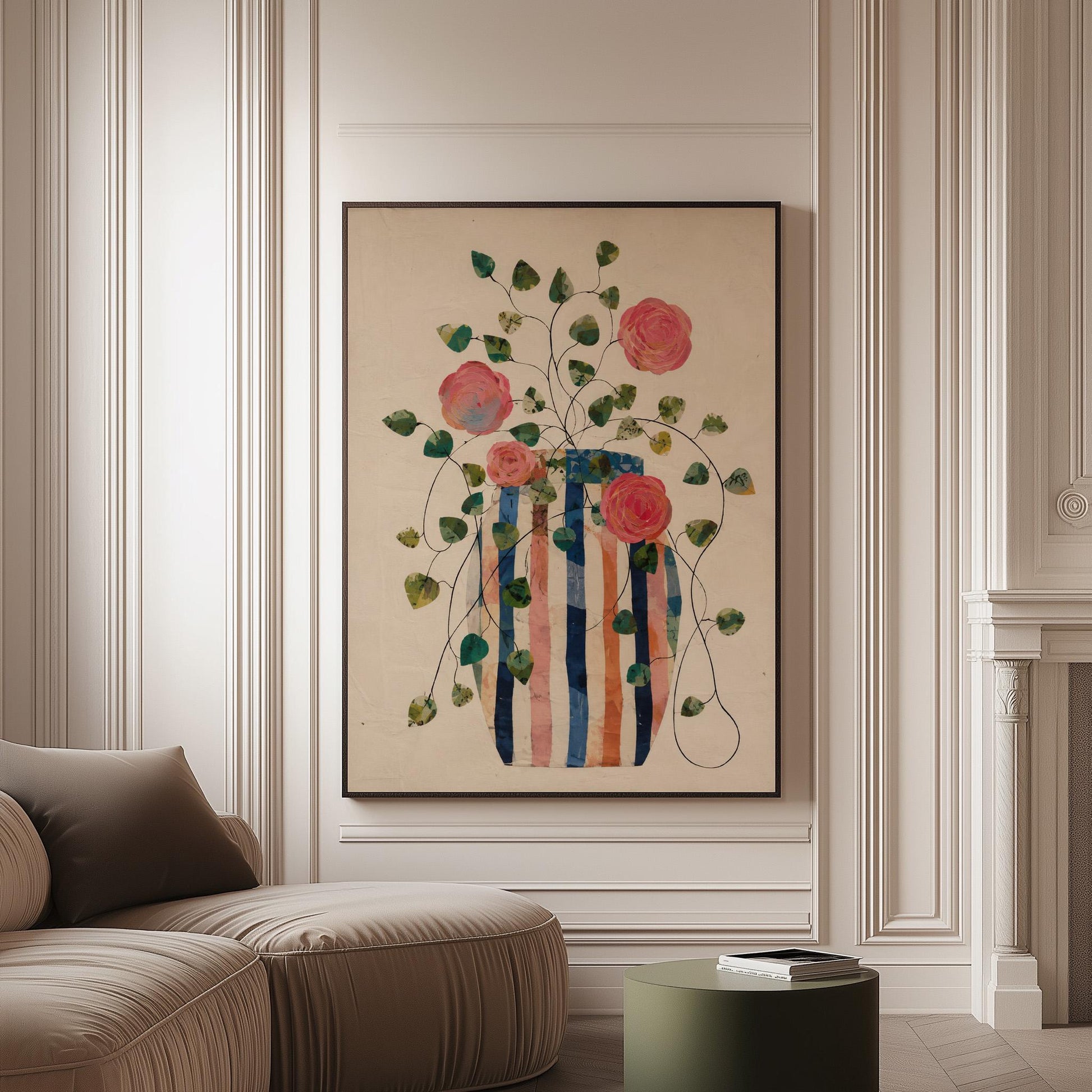 Climbing roses around a striped collage vase, canvas print on a softly lit wall in a calm interior