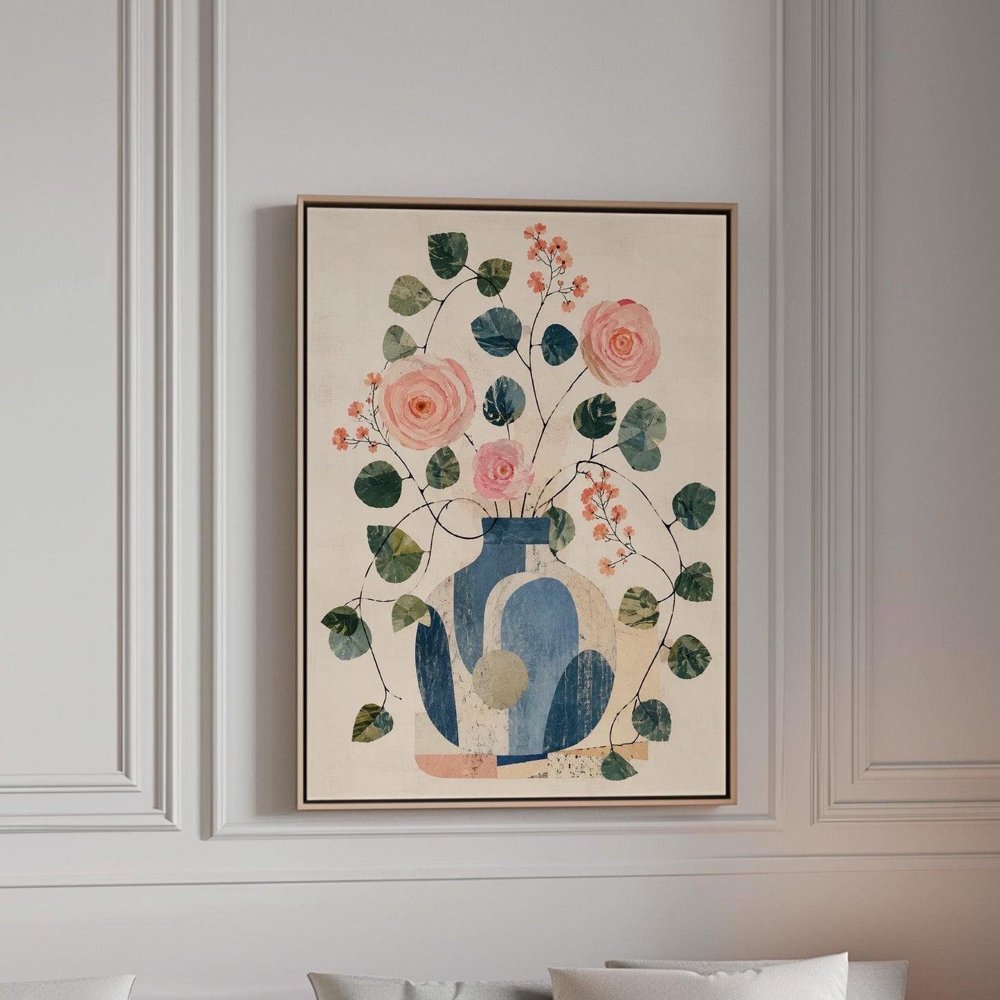Roses and sprigs in two blue collage vases, canvas print in a bright room with natural daylight