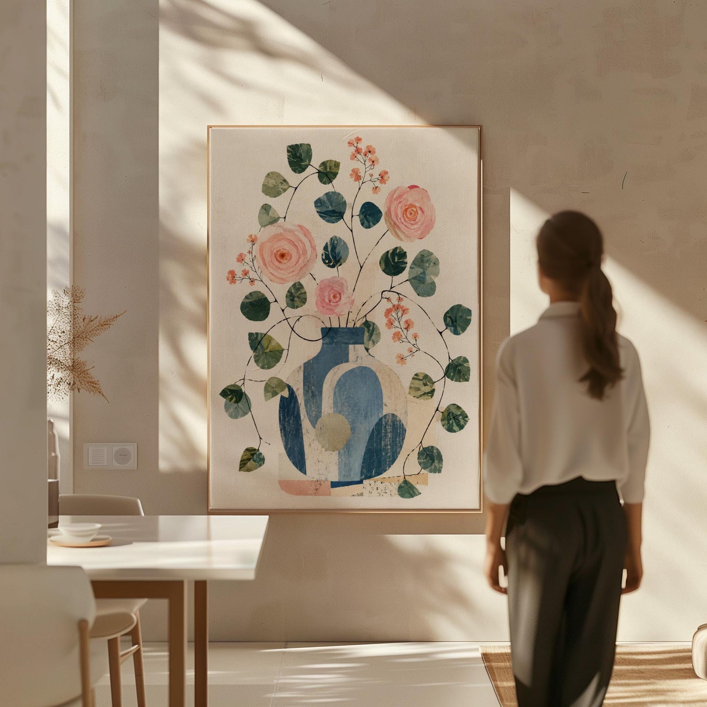 Roses and sprigs in two blue collage vases, canvas print seen in a warm interior with natural light