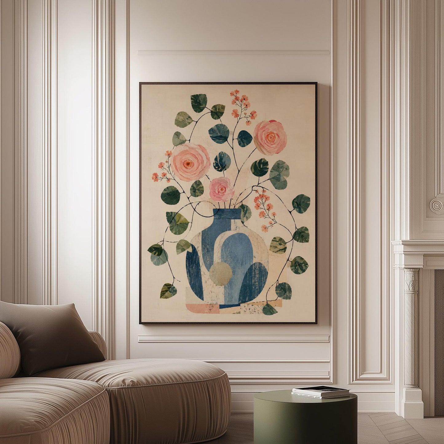 Roses and sprigs in two blue collage vases, canvas print on a softly lit wall in a calm interior