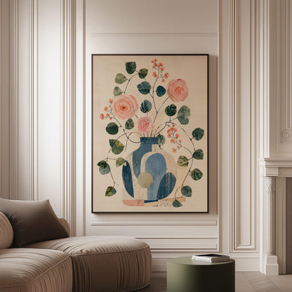 Roses and sprigs in two blue collage vases, canvas print on a softly lit wall in a calm interior