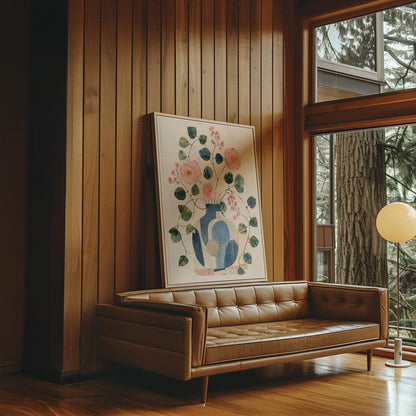 Roses and sprigs in two blue collage vases, canvas print on a quiet wall in a considered interior