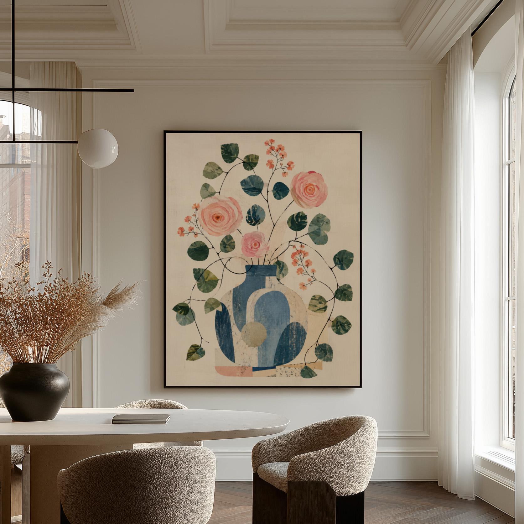 Roses and sprigs in two blue collage vases, canvas print displayed on a neutral wall in a styled interior