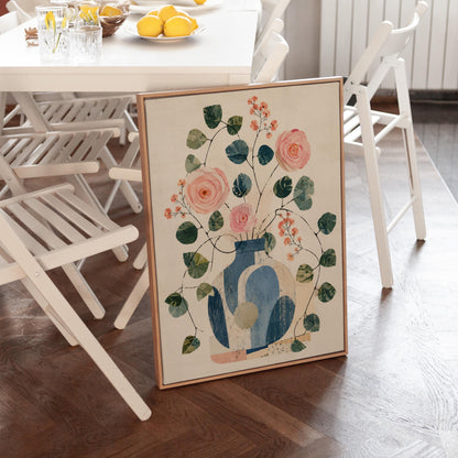 Roses and sprigs in two blue collage vases, canvas print shown in a sunlit, contemporary room