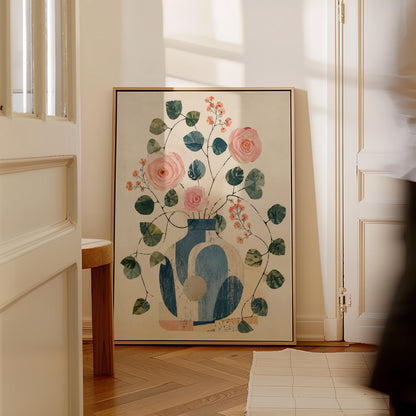 Roses and sprigs in two blue collage vases, canvas print presented in a light, minimal room