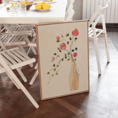 Single rose with trailing vine in slim vase, canvas print seen in a warm interior with natural light